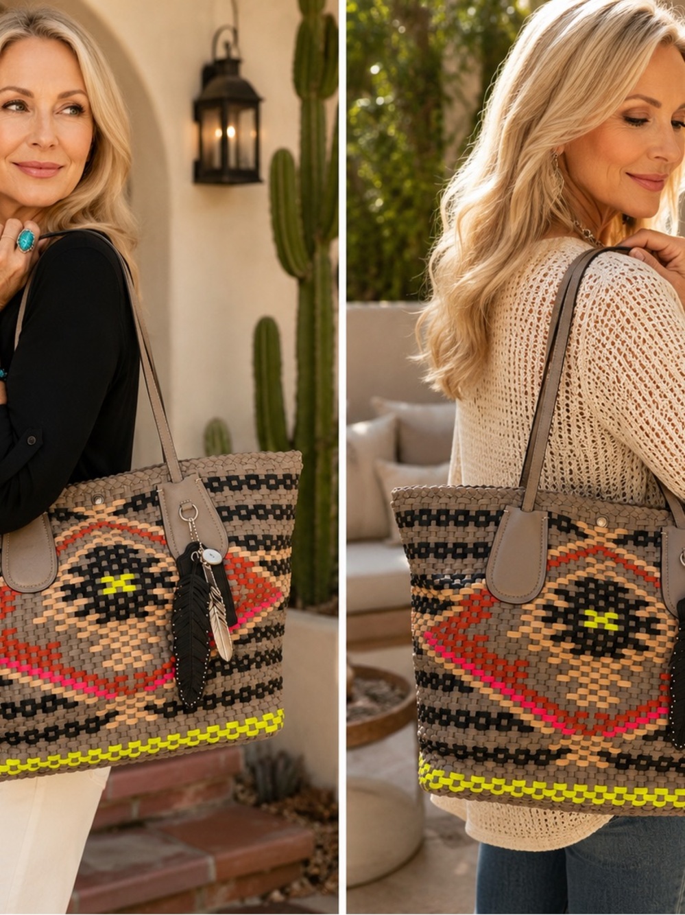 Coach Woven Leather Tote - Brown with Neon Yellow & Red Accents - Picture 2 of 16